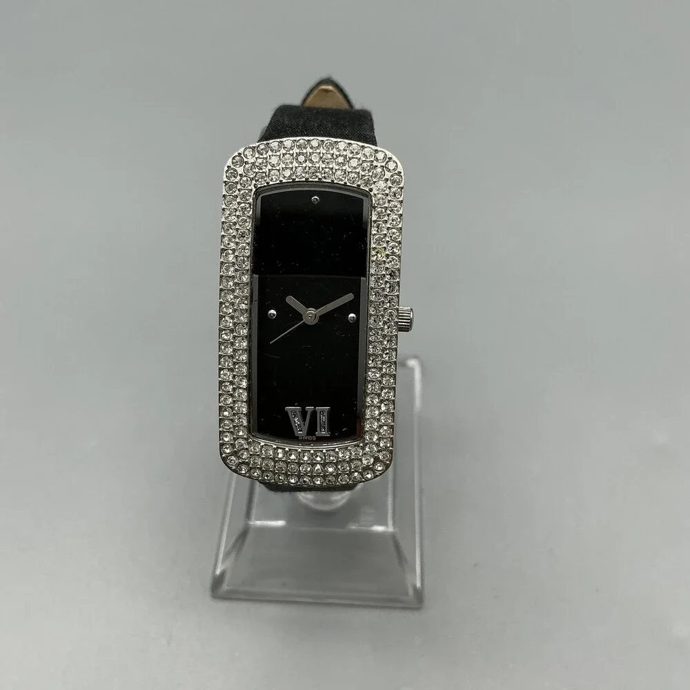 Montrex Womens Watch 20mm Black Dial Crystal Bezel Black Leather New Battery